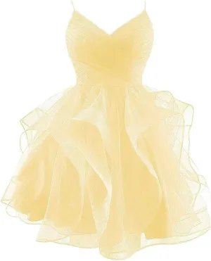 ManDu Glitter Tulle Homecoming Dresses for Teens Spaghetti Straps Short Prom Dresses Ruffle Puffy Mini Cocktail Dresses