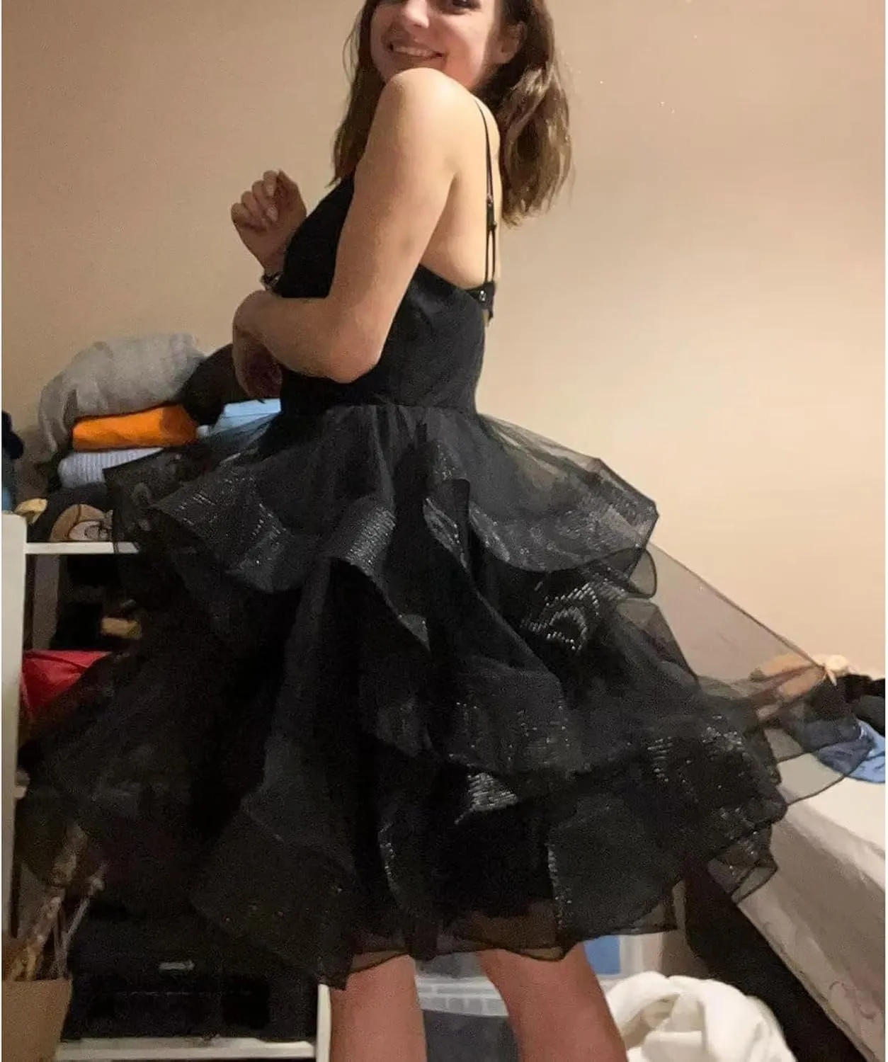 ManDu Glitter Tulle Homecoming Dresses for Teens Spaghetti Straps Short Prom Dresses Ruffle Puffy Mini Cocktail Dresses