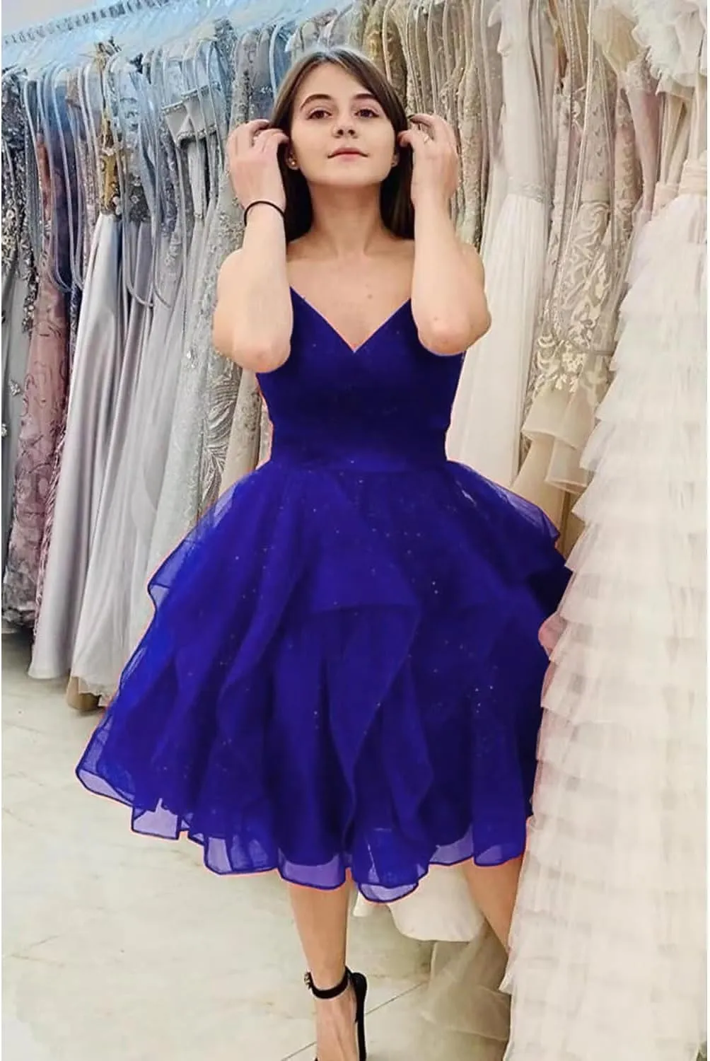 ManDu Glitter Tulle Homecoming Dresses for Teens Spaghetti Straps Short Prom Dresses Ruffle Puffy Mini Cocktail Dresses