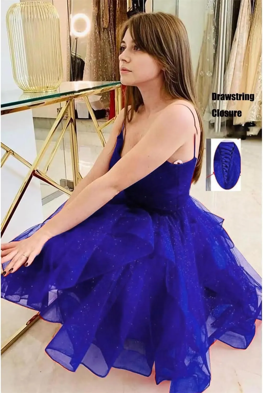 ManDu Glitter Tulle Homecoming Dresses for Teens Spaghetti Straps Short Prom Dresses Ruffle Puffy Mini Cocktail Dresses