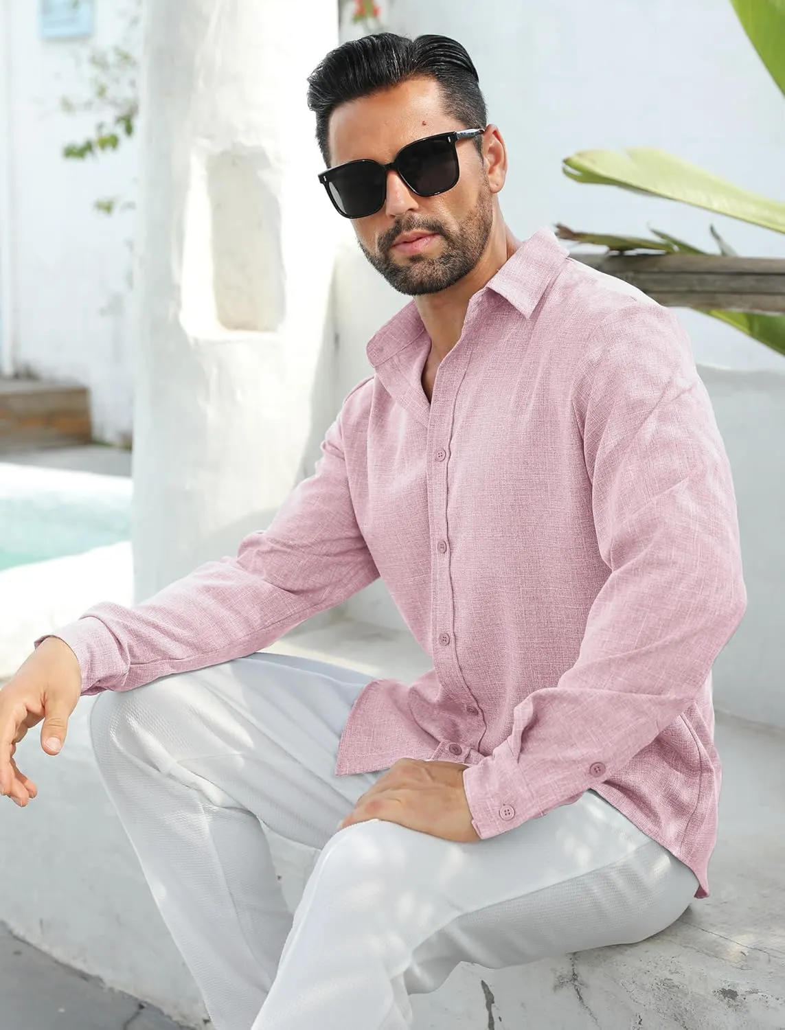 MAPICK Men's Linen Shirt Long Sleeve Button Down Casual Shirts Untucked Dress Shirts Beach Vacation Fall Tops