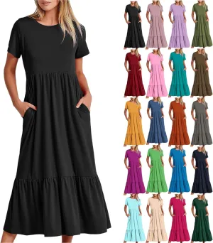 Maxi Dresses for Women 2025 Plus Size Short Sleeve Tiered Ruffle Dress Summer Causal Crewneck Tshirt Dress Pockets
