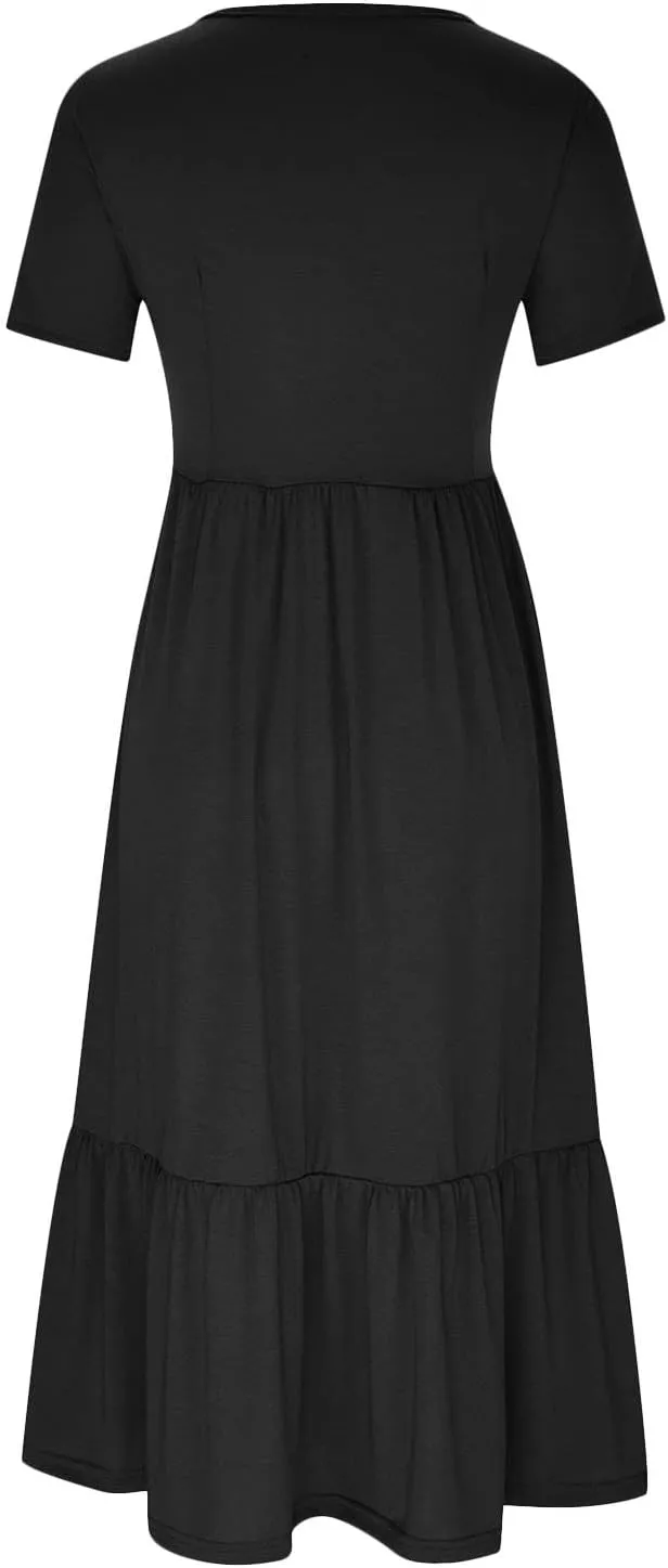 Maxi Dresses for Women 2025 Plus Size Short Sleeve Tiered Ruffle Dress Summer Causal Crewneck Tshirt Dress Pockets