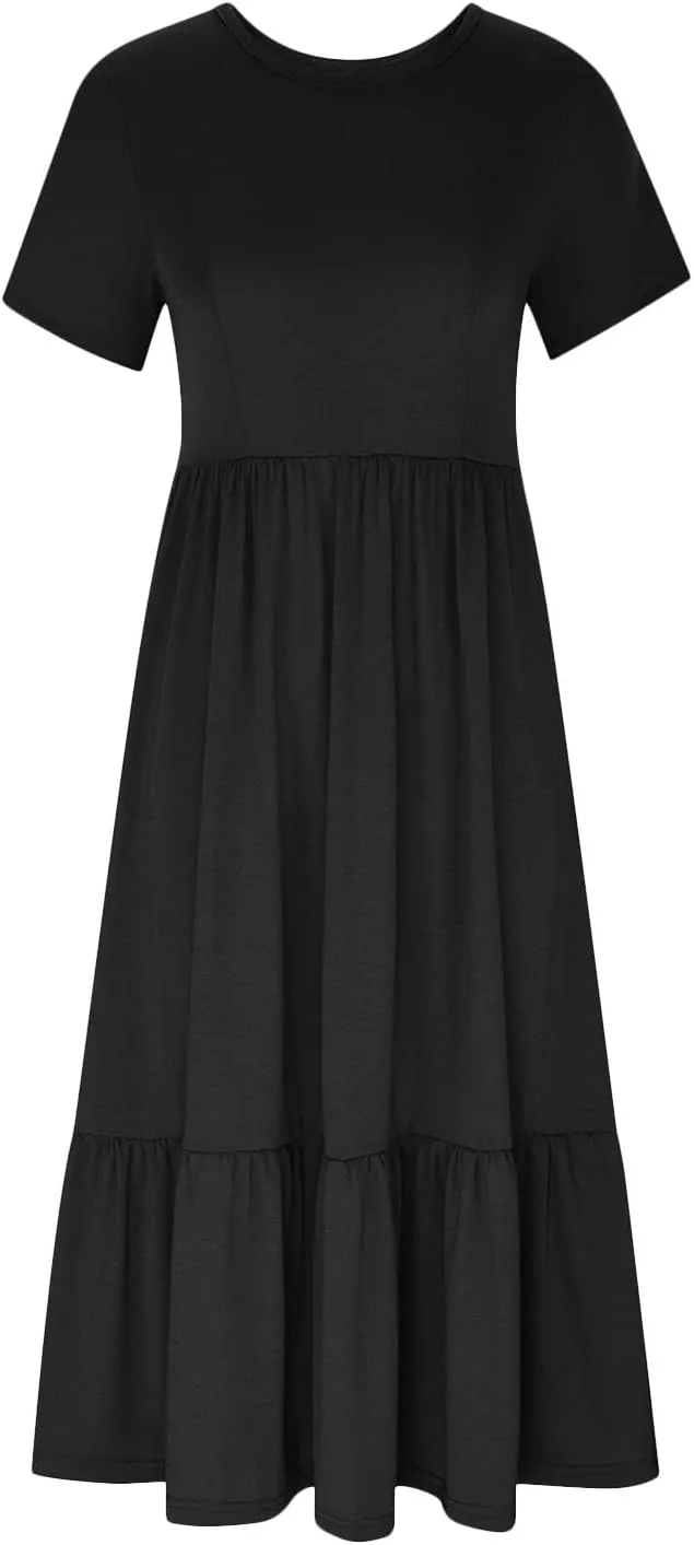 Maxi Dresses for Women 2025 Plus Size Short Sleeve Tiered Ruffle Dress Summer Causal Crewneck Tshirt Dress Pockets