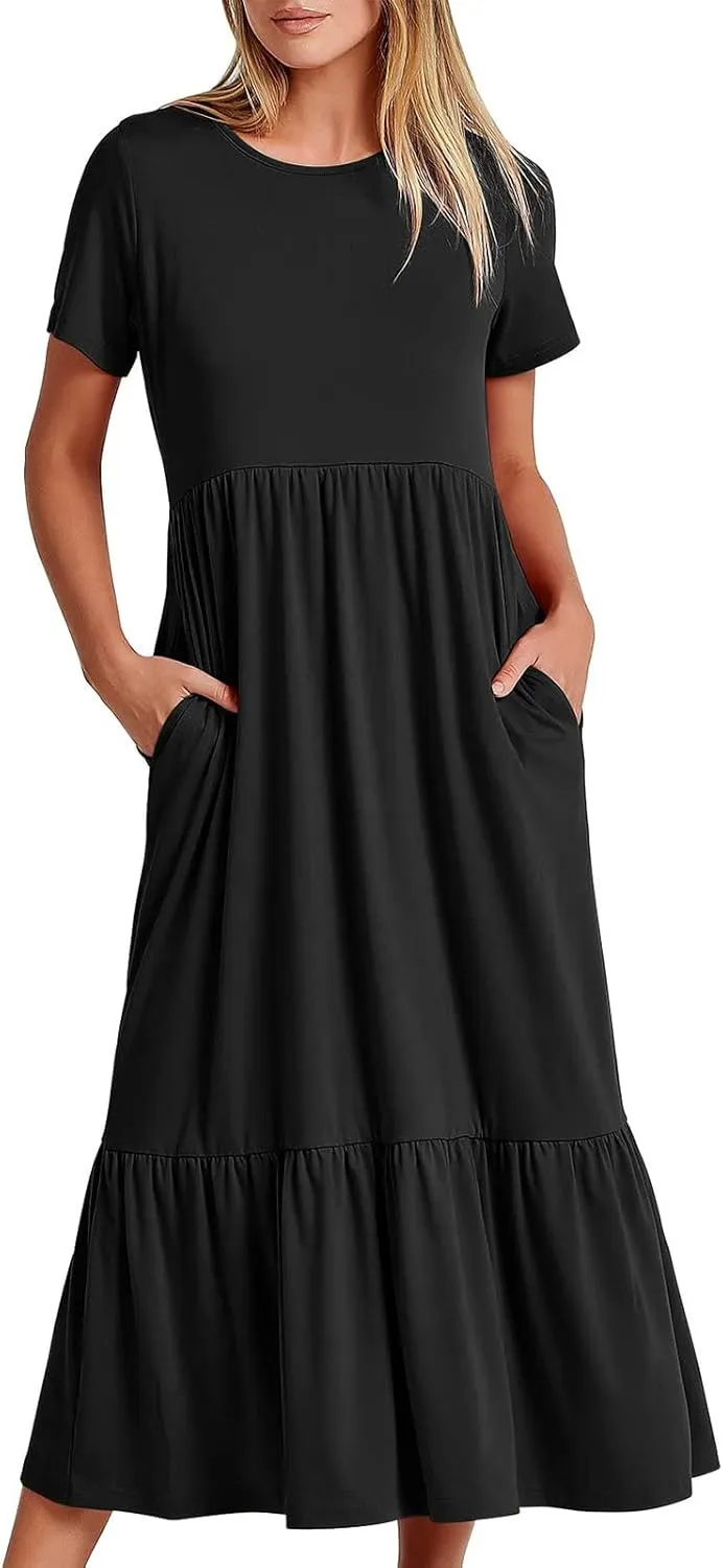 Maxi Dresses for Women 2025 Plus Size Short Sleeve Tiered Ruffle Dress Summer Causal Crewneck Tshirt Dress Pockets