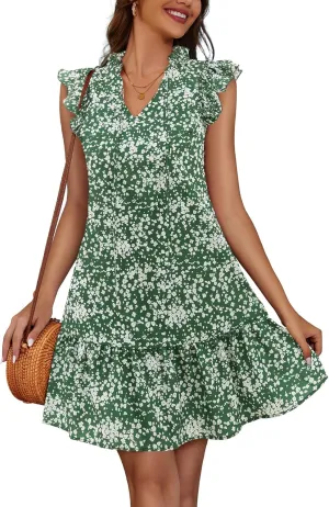 Meetjen Women's Summer Dress Floral Ruffle Short Sleeve Beach Dresses 2025 Boho V-Neck Casual Cute Swing Mini Sundress