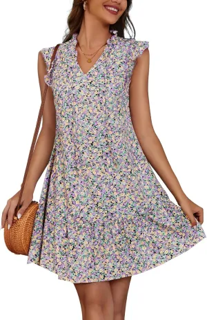 Meetjen Women's Summer Dress Floral Ruffle Short Sleeve Beach Dresses 2025 Boho V-Neck Casual Cute Swing Mini Sundress