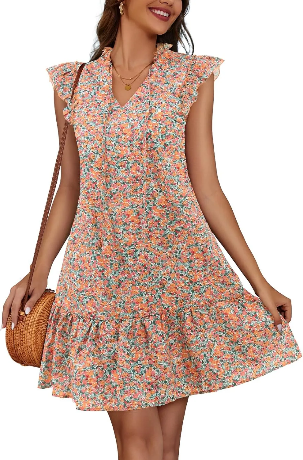 Meetjen Women's Summer Dress Floral Ruffle Short Sleeve Beach Dresses 2025 Boho V-Neck Casual Cute Swing Mini Sundress