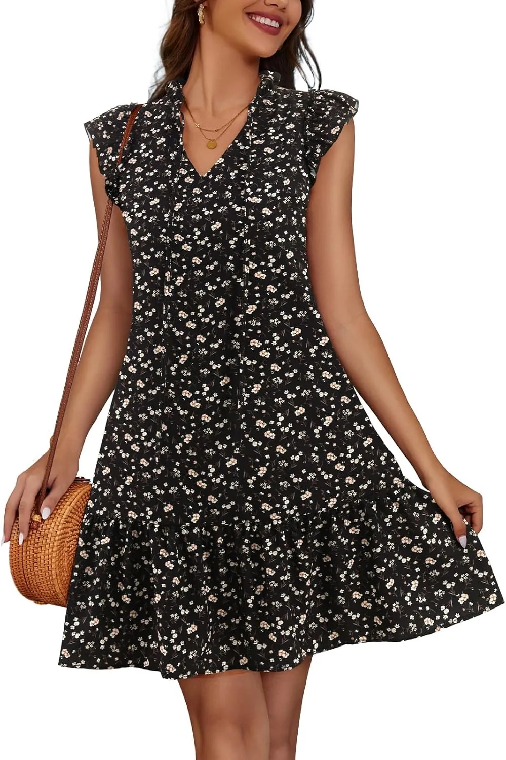 Meetjen Women's Summer Dress Floral Ruffle Short Sleeve Beach Dresses 2025 Boho V-Neck Casual Cute Swing Mini Sundress