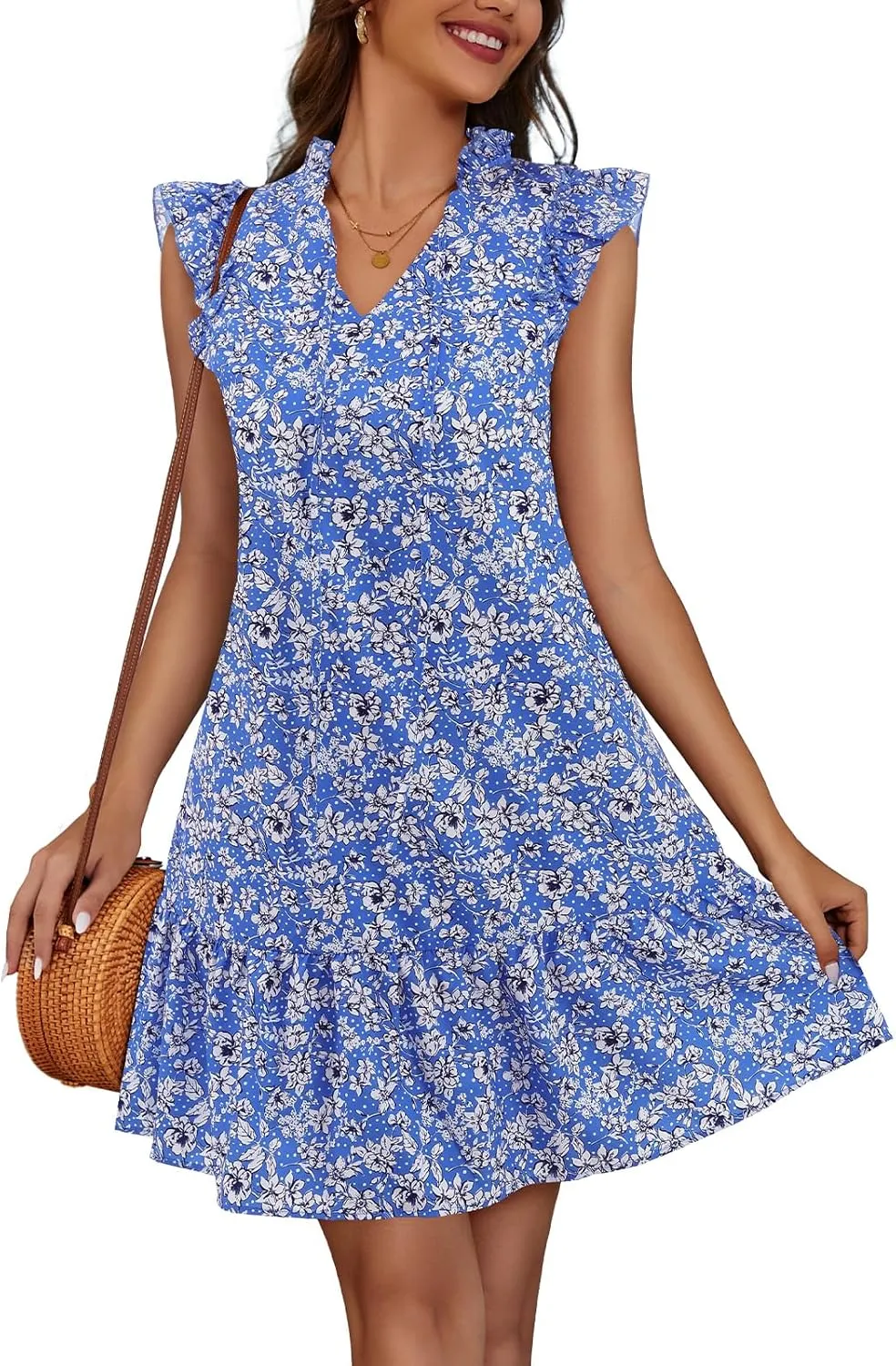Meetjen Women's Summer Dress Floral Ruffle Short Sleeve Beach Dresses 2025 Boho V-Neck Casual Cute Swing Mini Sundress