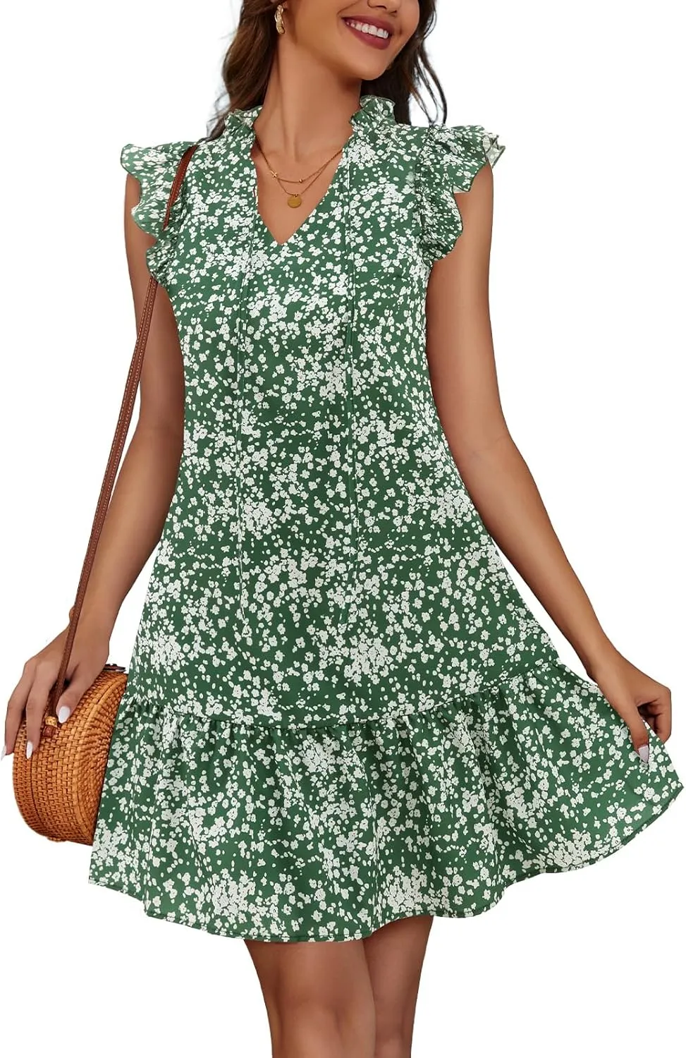 Meetjen Women's Summer Dress Floral Ruffle Short Sleeve Beach Dresses 2025 Boho V-Neck Casual Cute Swing Mini Sundress