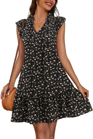 Meetjen Women's Summer Dress Floral Ruffle Short Sleeve Beach Dresses 2025 Boho V-Neck Casual Cute Swing Mini Sundress