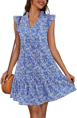 Meetjen Women's Summer Dress Floral Ruffle Short Sleeve Beach Dresses 2025 Boho V-Neck Casual Cute Swing Mini Sundress