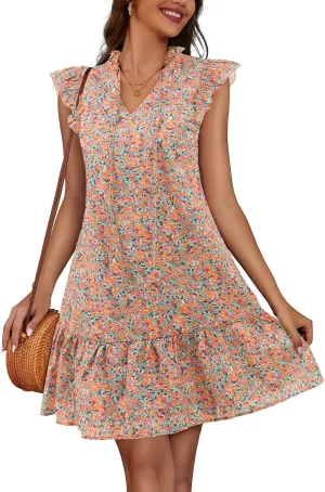 Meetjen Women's Summer Dress Floral Ruffle Short Sleeve Beach Dresses 2025 Boho V-Neck Casual Cute Swing Mini Sundress