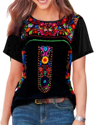 Melliflo Short Sleeve Mexican Tee Shirts for Women Floral Embroidered Loose Tops Ethnic Style Boho T-Shirts