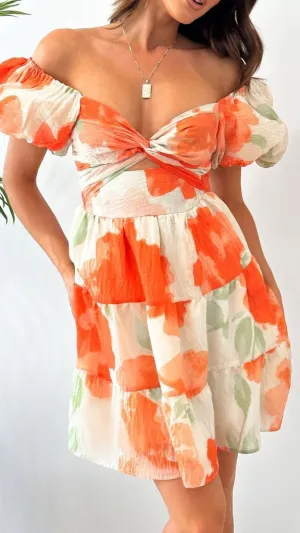 Melliflo Womens Floral Off Shoulder Mini Dress V Neck Short Puff Sleeve Ruffle Tiered Beach Dresses Sexy Cut Out Sundress