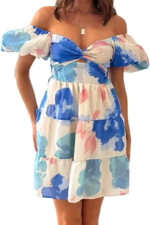 Melliflo Womens Floral Off Shoulder Mini Dress V Neck Short Puff Sleeve Ruffle Tiered Beach Dresses Sexy Cut Out Sundress