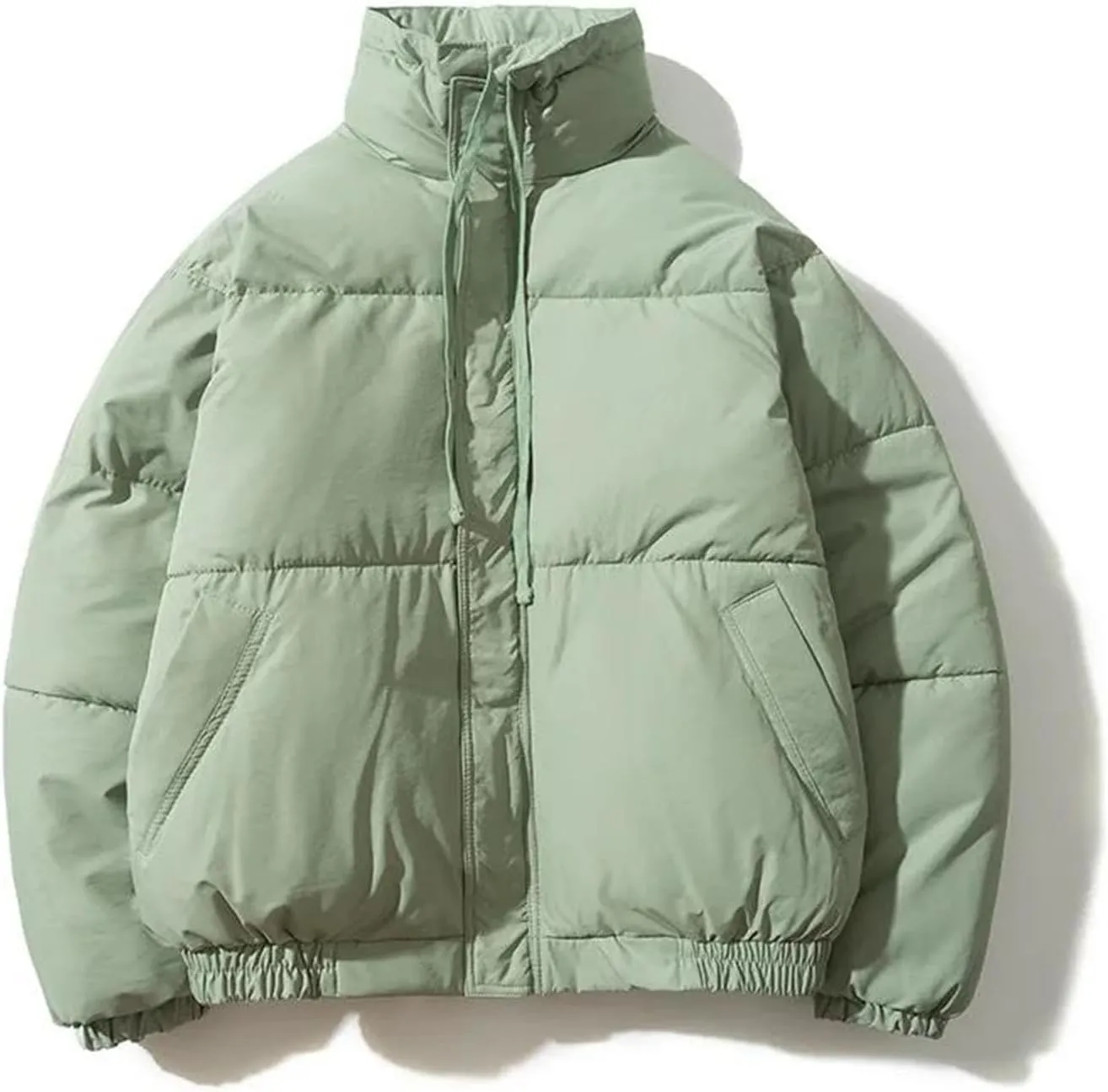 Men Drawstring Stand Collar Solid Cotton-Padded Classic Thicken Loose Zipper Parka Coat