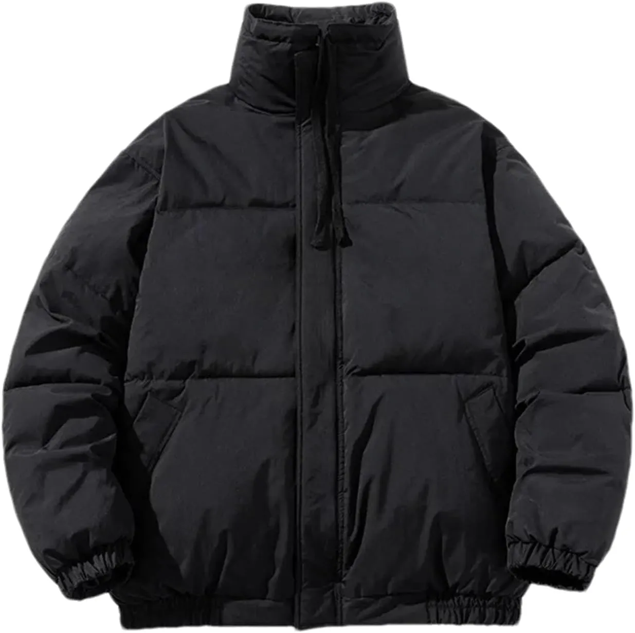 Men Drawstring Stand Collar Solid Cotton-Padded Classic Thicken Loose Zipper Parka Coat