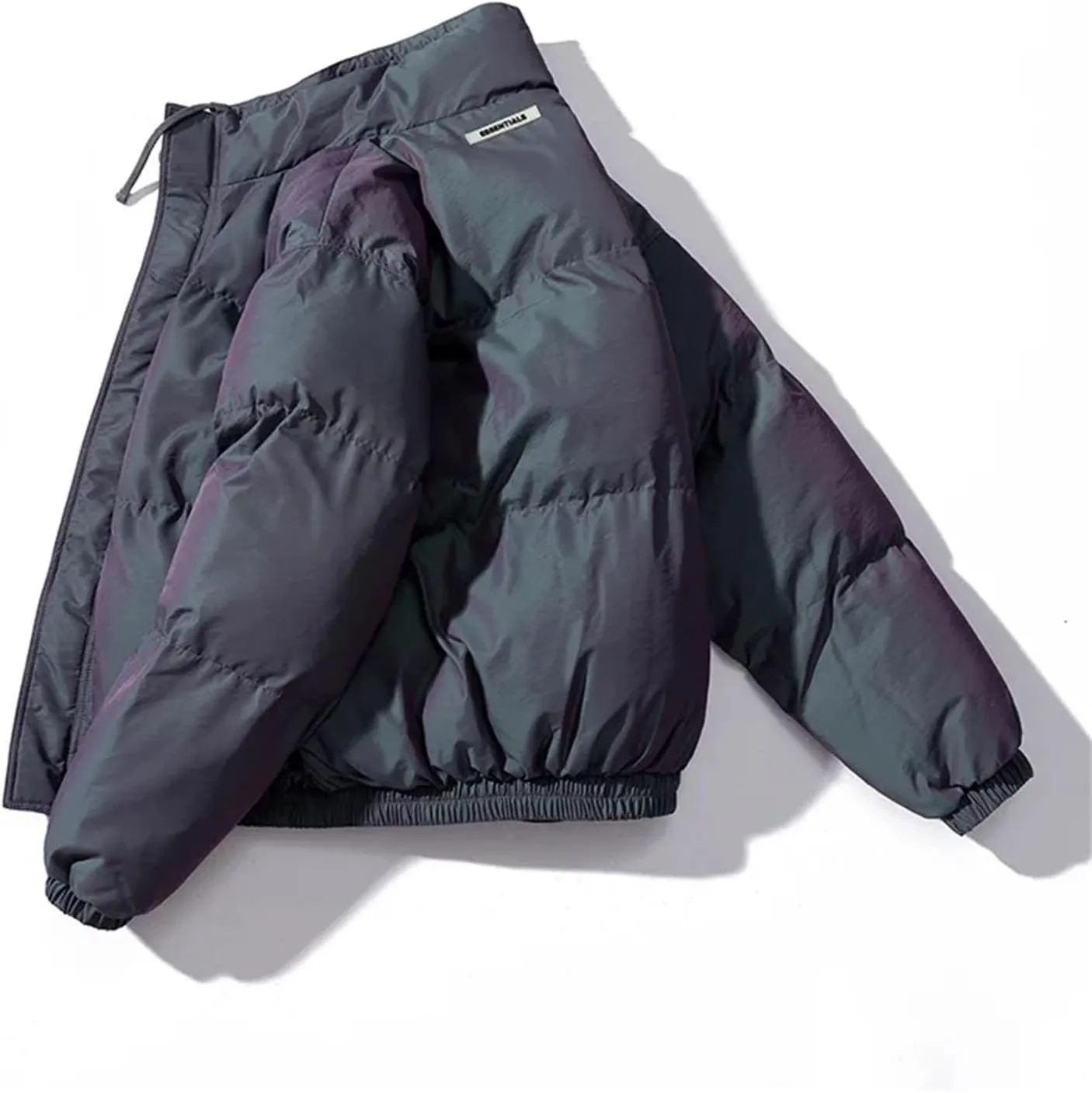 Men Drawstring Stand Collar Solid Cotton-Padded Classic Thicken Loose Zipper Parka Coat