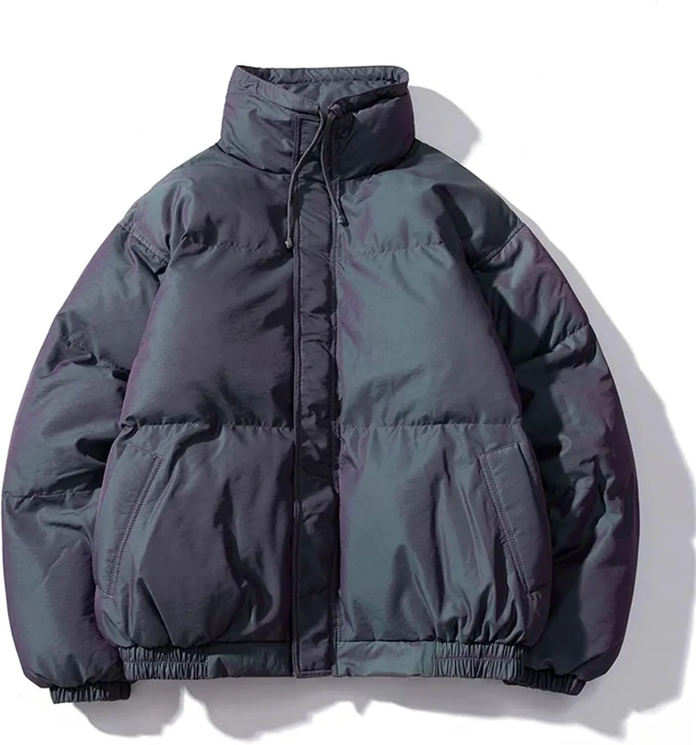 Men Drawstring Stand Collar Solid Cotton-Padded Classic Thicken Loose Zipper Parka Coat