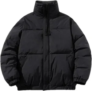 Men Drawstring Stand Collar Solid Cotton-Padded Classic Thicken Loose Zipper Parka Coat