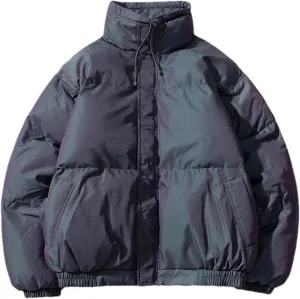 Men Drawstring Stand Collar Solid Cotton-Padded Classic Thicken Loose Zipper Parka Coat