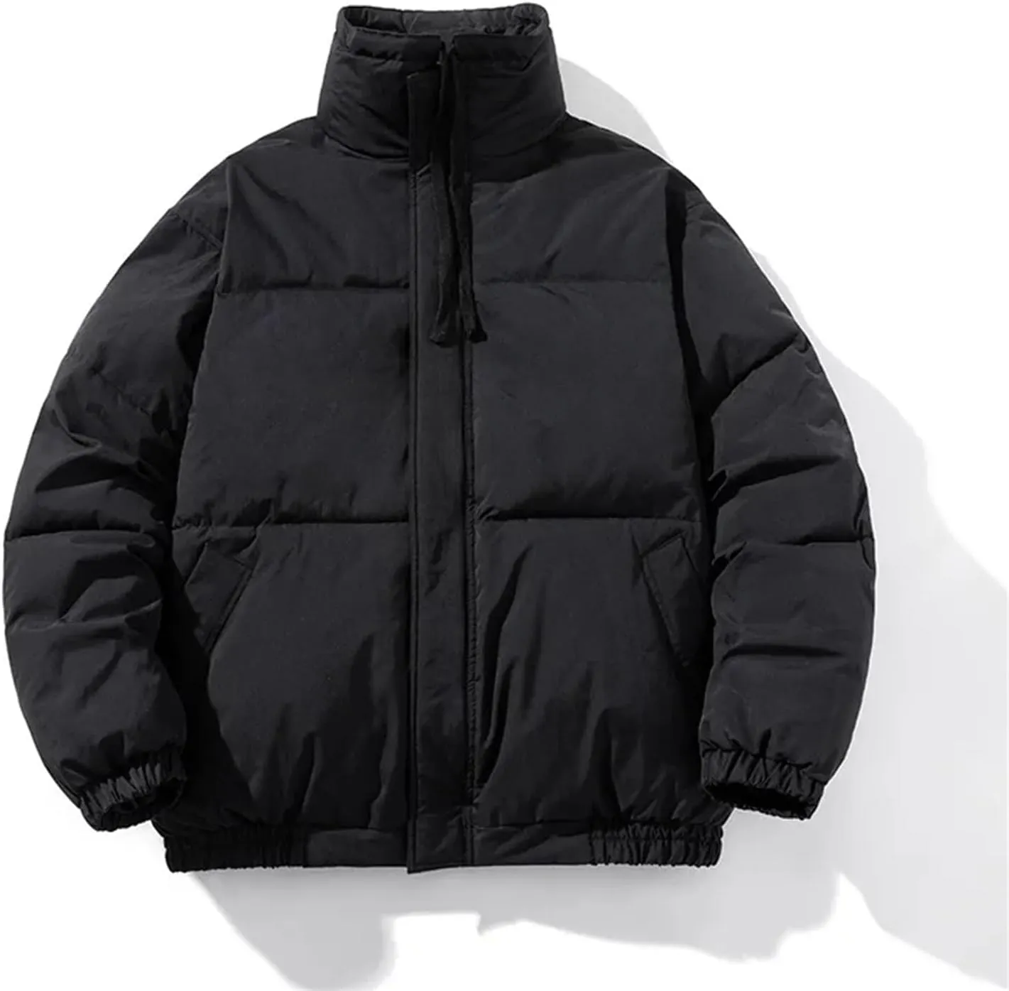 Men Drawstring Stand Collar Solid Cotton-Padded Classic Thicken Loose Zipper Parka Coat