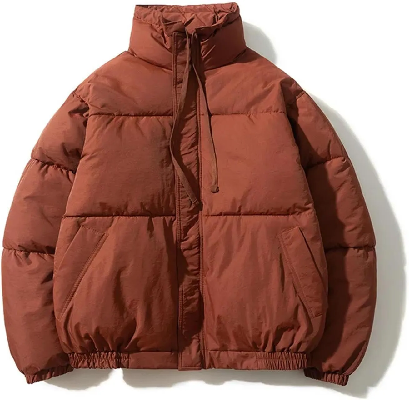 Men Drawstring Stand Collar Solid Cotton-Padded Classic Thicken Loose Zipper Parka Coat