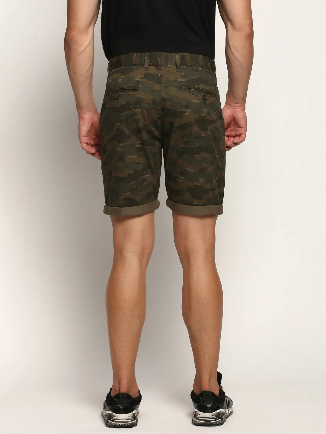 Men Olive Camouflage Printed Cotton Shorts