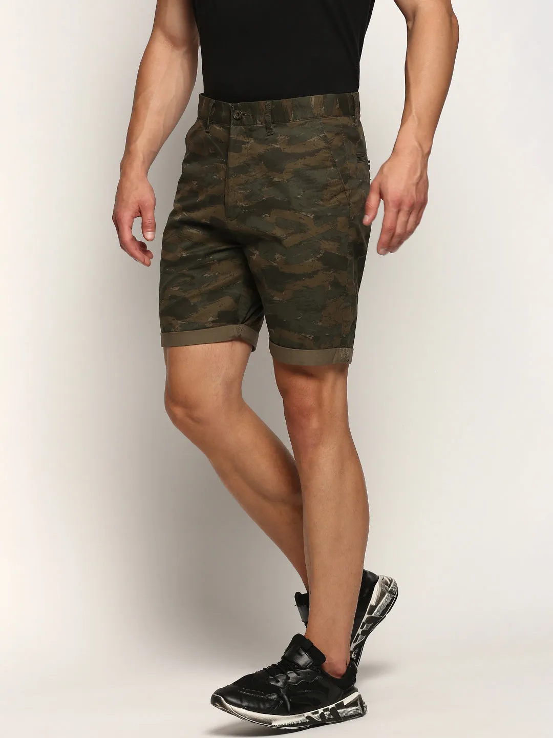 Men Olive Camouflage Printed Cotton Shorts