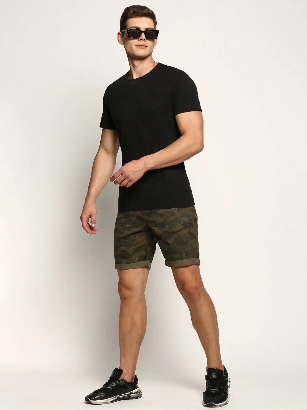 Men Olive Camouflage Printed Cotton Shorts