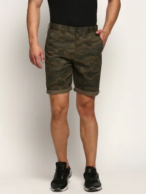 Men Olive Camouflage Printed Cotton Shorts