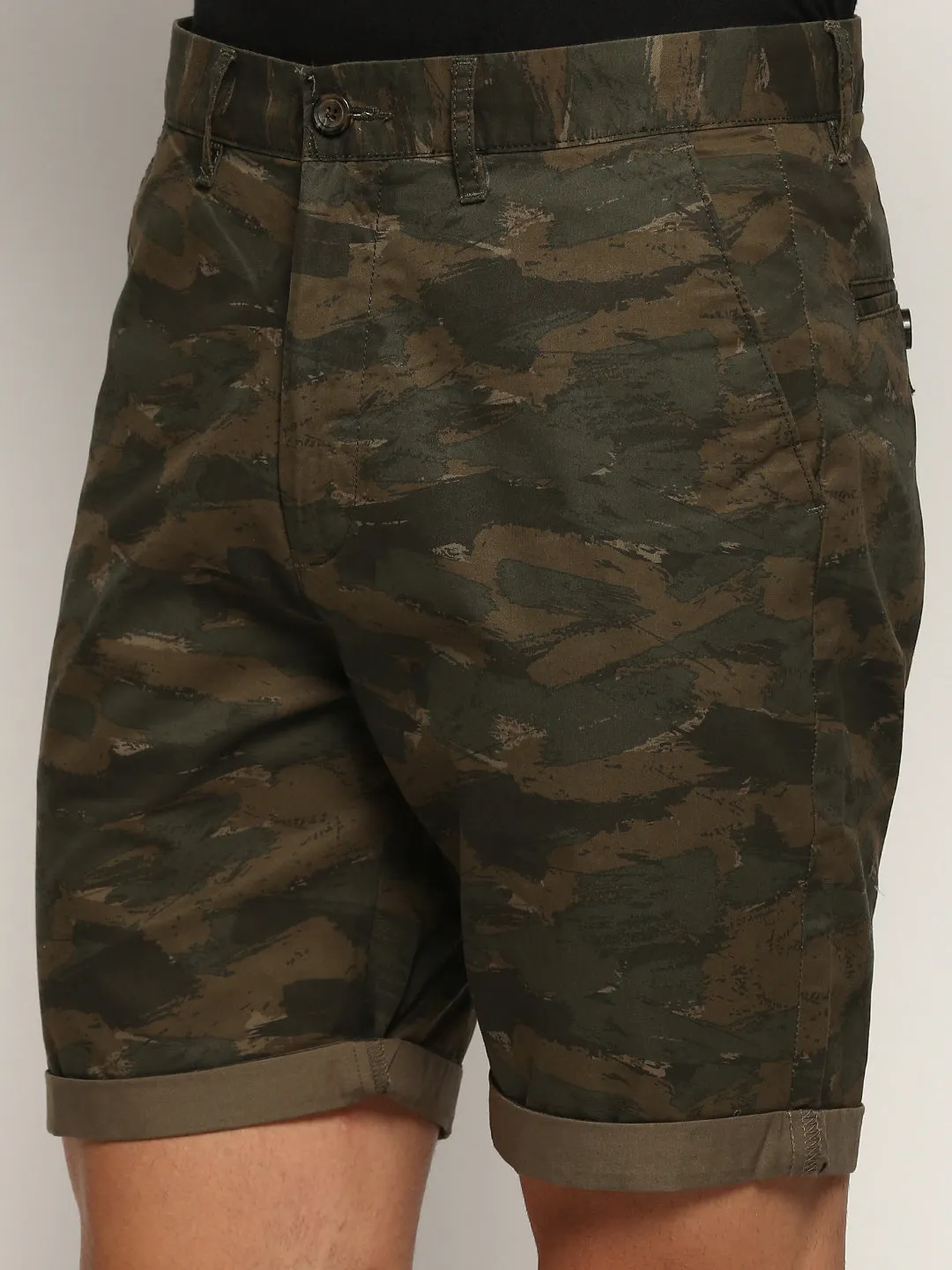 Men Olive Camouflage Printed Cotton Shorts