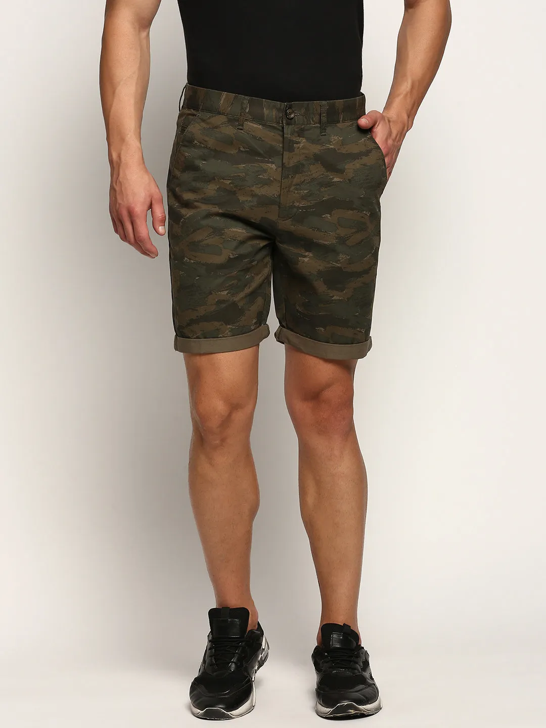 Men Olive Camouflage Printed Cotton Shorts
