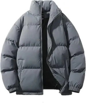 Men Solid Color Stand Collar Pockets Cotton-Padded Classic Thicken Oversized Zipper Parka Coat