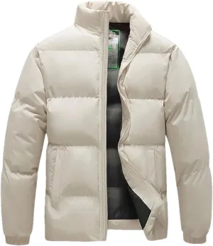 Men Stand Collar Solid Zipper Cotton-Padded Jacket Classic Outdoor Oversized Thick Parka Coat