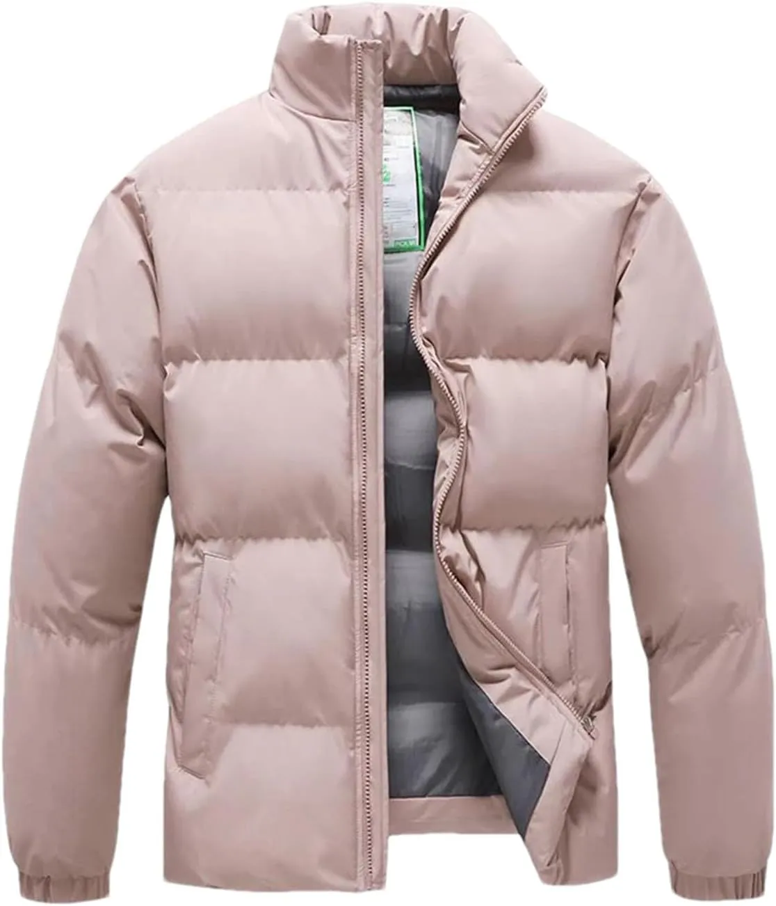 Men Stand Collar Solid Zipper Cotton-Padded Jacket Classic Outdoor Oversized Thick Parka Coat