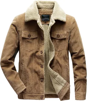 Men's Corduroy Jacket Winter Sherpa Fleece Trucker Jacket Fur Collar Warm Cowboy Coat