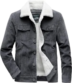 Men's Corduroy Jacket Winter Sherpa Fleece Trucker Jacket Fur Collar Warm Cowboy Coat