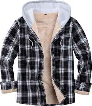 Men's Cotton Plaid Long Sleeve Shirts Jacket Fleece Lined Flannel Shirts Sherpa Button Down Coat with Hood