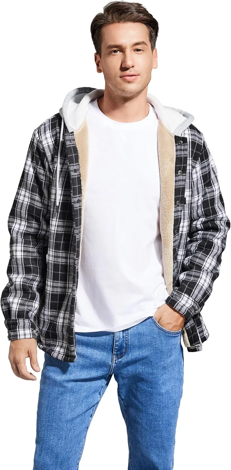 Men's Cotton Plaid Long Sleeve Shirts Jacket Fleece Lined Flannel Shirts Sherpa Button Down Coat with Hood