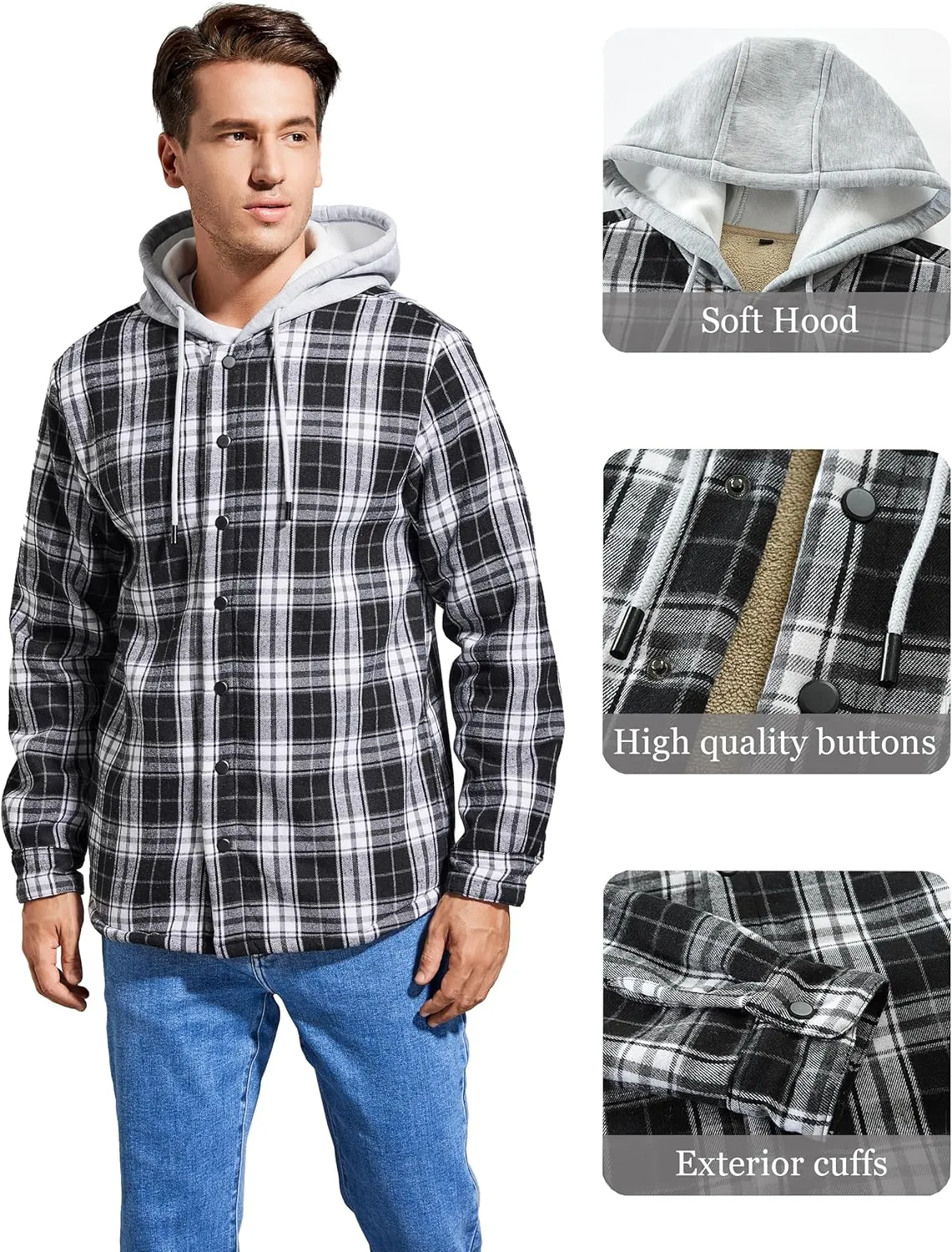 Men's Cotton Plaid Long Sleeve Shirts Jacket Fleece Lined Flannel Shirts Sherpa Button Down Coat with Hood