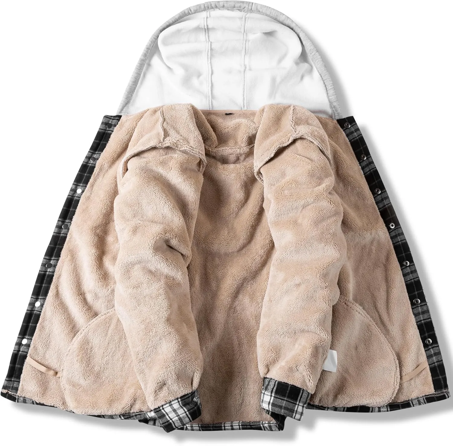 Men's Cotton Plaid Long Sleeve Shirts Jacket Fleece Lined Flannel Shirts Sherpa Button Down Coat with Hood