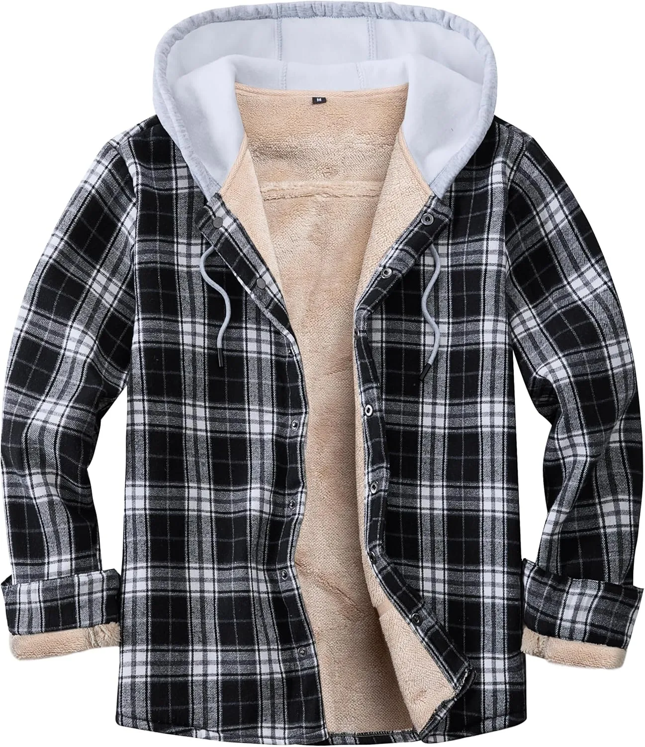 Men's Cotton Plaid Long Sleeve Shirts Jacket Fleece Lined Flannel Shirts Sherpa Button Down Coat with Hood