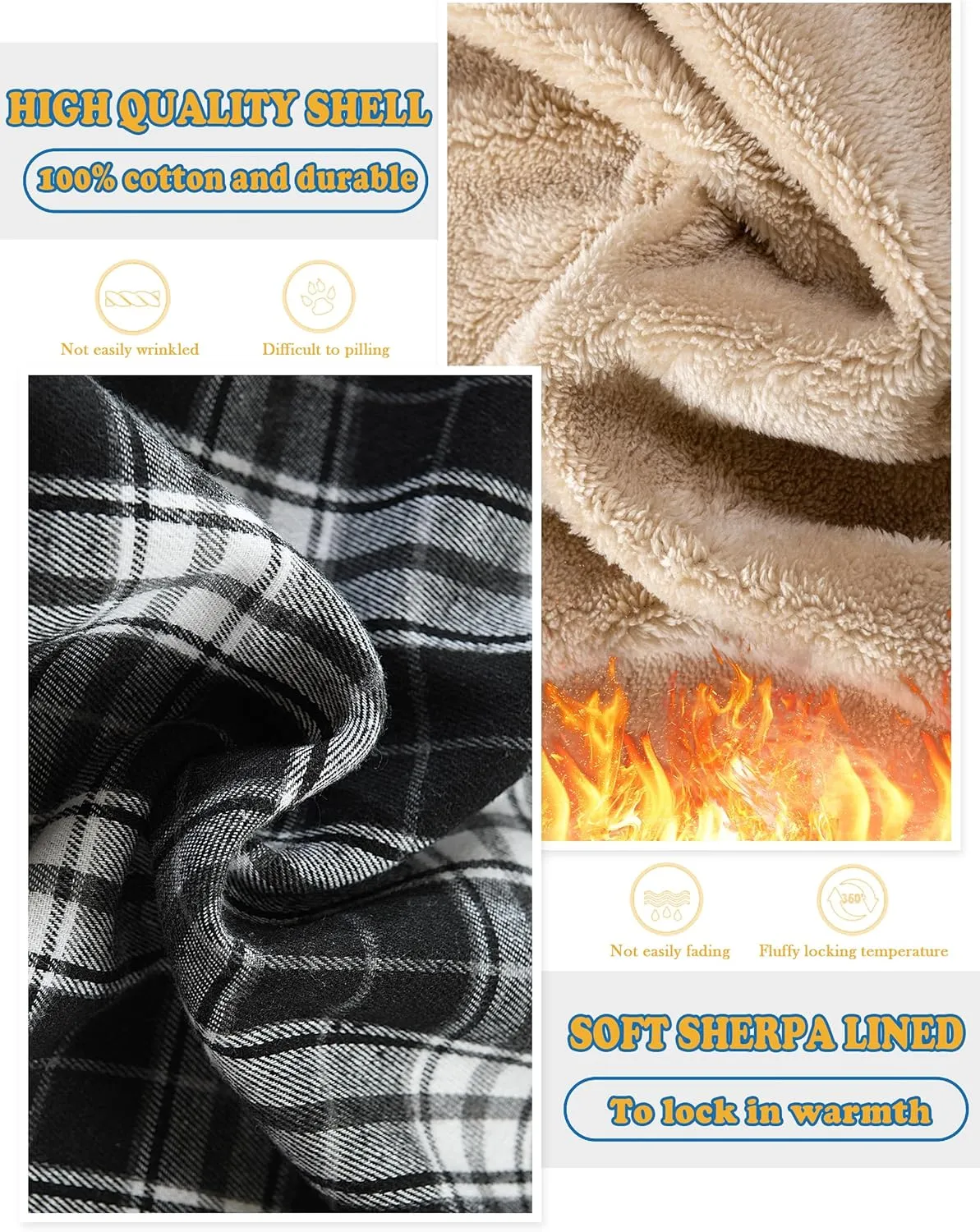 Men's Cotton Plaid Long Sleeve Shirts Jacket Fleece Lined Flannel Shirts Sherpa Button Down Coat with Hood