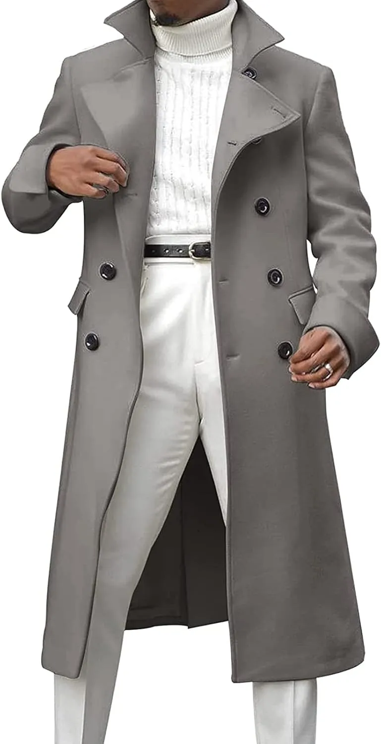 Men's Double Breasted Long Trench Coat Winter Notch Lapel Windbreaker Overcoat Casual Slim Business Pea Jacket