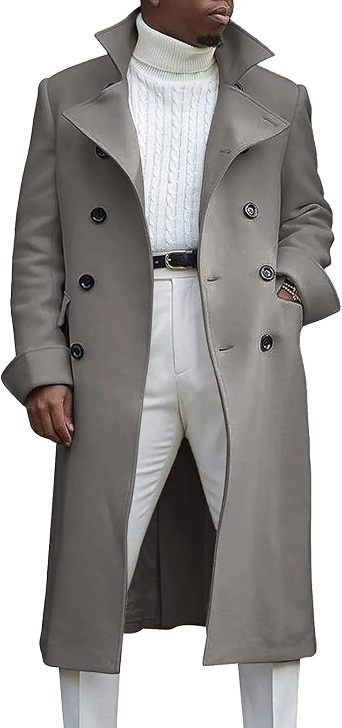 Men's Double Breasted Long Trench Coat Winter Notch Lapel Windbreaker Overcoat Casual Slim Business Pea Jacket