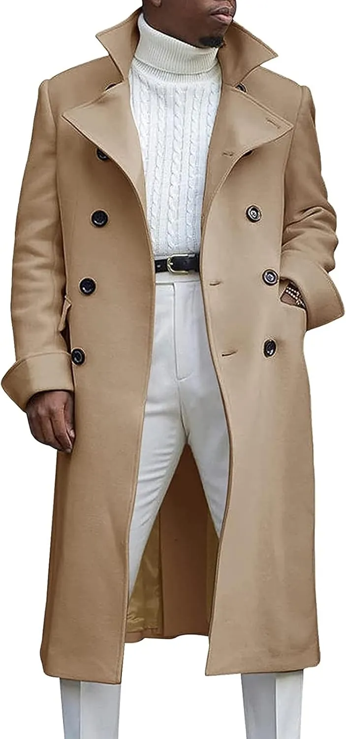 Men's Double Breasted Long Trench Coat Winter Notch Lapel Windbreaker Overcoat Casual Slim Business Pea Jacket
