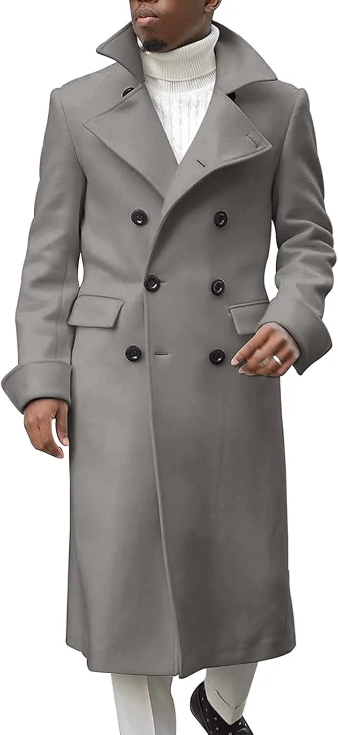 Men's Double Breasted Long Trench Coat Winter Notch Lapel Windbreaker Overcoat Casual Slim Business Pea Jacket